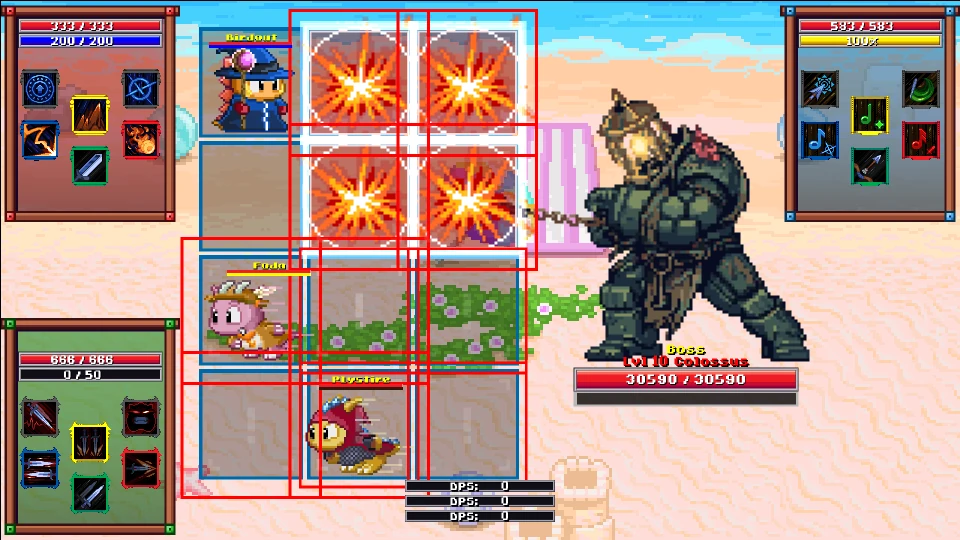 A colossus boss sets off explosions across the grid on the beach