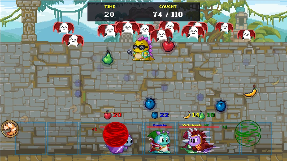 Catching falling fruit in the Fruit Drop minigame