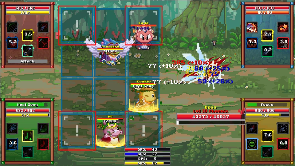A party of four fights the Phoenix on the forest grid